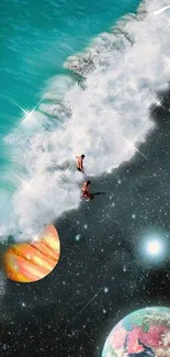 Surreal image with ocean waves meeting a cosmic space scene.