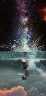 A diver suspended between a cosmic galaxy and an ocean sky with clouds.