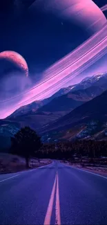 Surreal landscape with planets and road in violet hues.