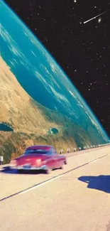 Surreal road leading into space with vintage cars and earth in view.