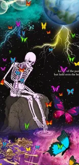 Surreal cosmic wallpaper with skeleton and butterflies.