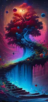 Surreal cosmic tree and stairway mobile wallpaper.