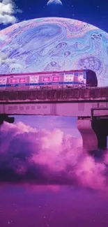 Surreal cosmic train journey with vibrant colors and dreamlike clouds.