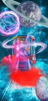 Surreal cosmic tram journey with planets and vibrant colors.