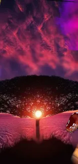 Surreal wallpaper with cosmic tree, planets, and mushroom at sunset.