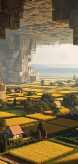 Surreal futuristic landscape with fields and architecture.
