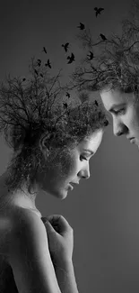 Surreal art of couple with trees and birds in grayscale.