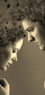 Surreal portrait of a couple with tree-like hair design.