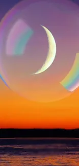 Crescent moon in a surreal sunset with a large bubble effect.