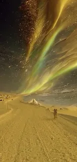 Surreal desert landscape under a vibrant sky with celestial lights.