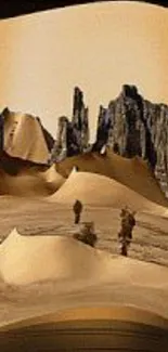 Surreal desert landscape with sandy dunes and rocky formations.