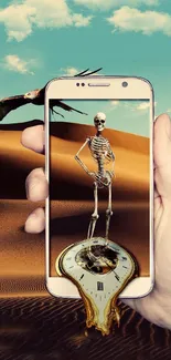 Surreal desert-themed wallpaper with melting clock and skeleton.