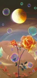 Surreal wallpaper with a rose in a glass sphere on desert landscape.