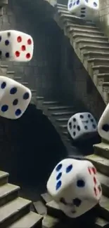 Surreal staircase with floating dice creating an abstract scene.