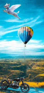 Dog with wings and balloon in surreal landscape.