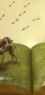 Dog on open book with birds flying at sunrise.