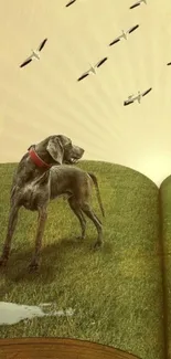 Surreal art of a dog in a storybook with birds overhead.