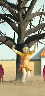 Surreal art with a doll and tree in a field with masked figures.