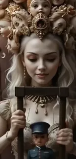 Woman adorned with doll heads creates surreal art.