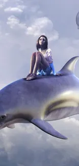 Girl rides dolphin through clouds in surreal mobile wallpaper.