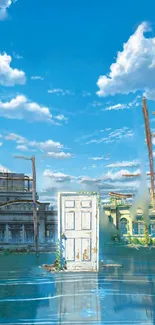 Surreal cityscape with a single door under blue sky.