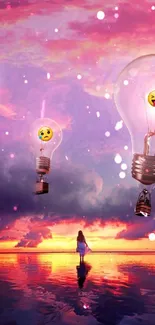 Surreal sunset with emojis and floating light bulbs over reflective water.