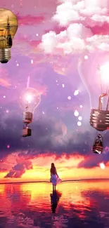 Fantasy sunset beach scene with light bulbs in sky.