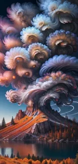 Vibrant surreal clouds over a mystical landscape wallpaper.