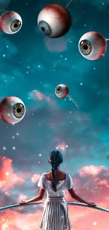 Surreal wallpaper of a girl and floating eyeballs in a colorful sky.