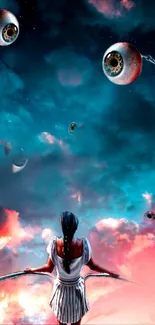 Surreal image of a girl facing a sky with floating eyes and vibrant clouds.