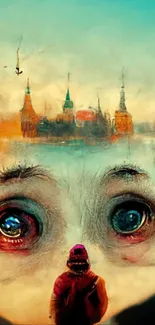 Surreal dreamscape wallpaper with cityscape and eyes.