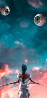 Surreal mobile wallpaper with vibrant sky and floating eyes.