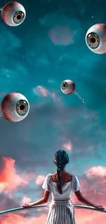 Woman gazes at surreal floating eyeballs against a vivid teal sky.