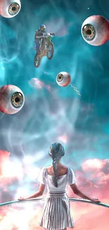 Surreal dreamscape with floating eyeballs and rider in blue hues for phone wallpaper.