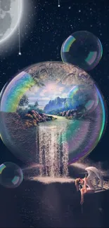 Surreal waterfall in a bubble with cosmic background.