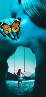 Surreal wallpaper with butterfly and swing in nature scene.