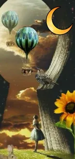 Surreal scene with hot air balloons, crescent moon, and sunflower.