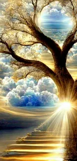 Surreal dreamscape with illuminated tree and clouds.