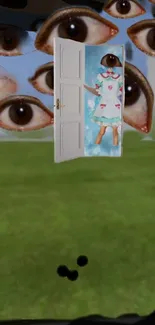 Surreal wallpaper with door, girl, and eyes.