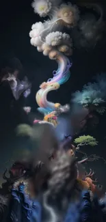 Surreal dreamscape wallpaper with colorful, swirling clouds and mystical elements.