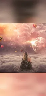 Surreal scene with woman and colorful balloons in a dreamy sky.