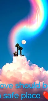 Surreal dreamscape wallpaper with palm trees, clouds, and a heart message.