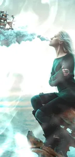 Woman sitting on driftwood with ship in the clouds, by the ocean.