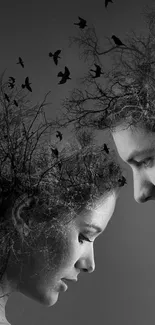 Surreal dual exposure art featuring entwined faces and nature in grayscale.