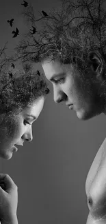 Surreal black and white portrait with tree branches and birds.