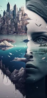 Surreal dual reality wallpaper combining urban and natural elements in artistic design.