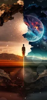 Surreal dual world mobile wallpaper with cosmic and earthy elements in vibrant colors.