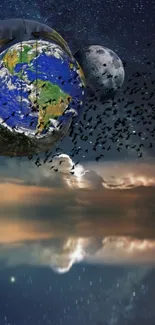 Surreal Earth and Moon with birds in cosmic background.