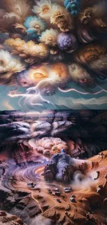 Surreal landscape with colorful clouds and rugged terrain for wallpaper.