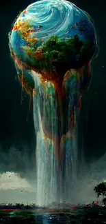 Surreal Earth with cascading waterfalls in artistic landscape.